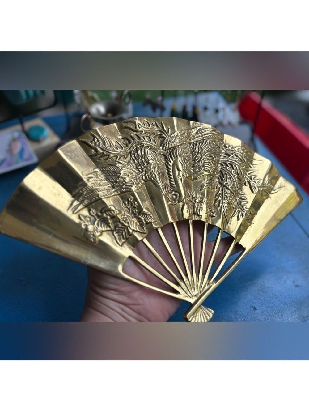 VINTAGE Taiwan ROC Gold Tone Phoenix Fan • Ornate Relief Art • Prosperity Decor - Picture 4 of 16
